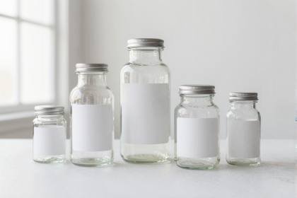 Alte Apothekergläser in Reihe