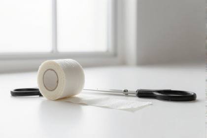 Verbandrolle neben der Schere
