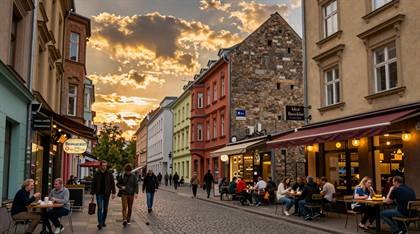 Straßencafés im Sonnenuntergang