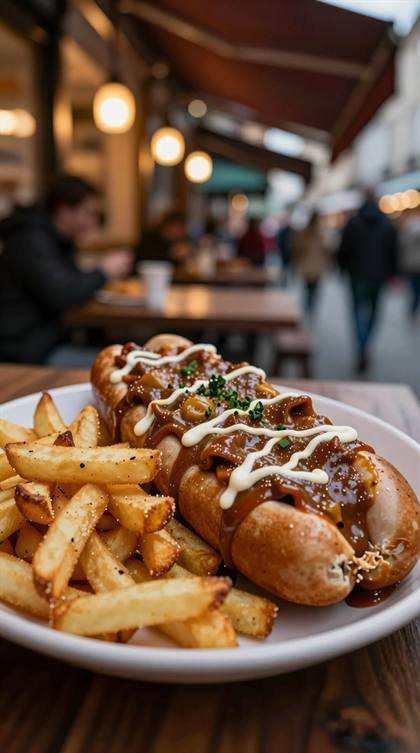 Currywurst mit Pommes im Straßencafé
