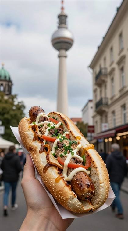 Bratwurst im Brötchen vor dem Fernsehturm