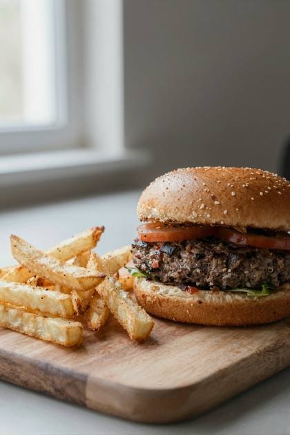 Burger mit Pommes (hoch)