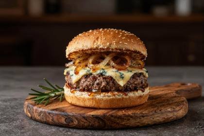 Gourmet-Burger auf Holzbrett