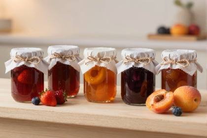 Marmeladenglaeser in Reihe