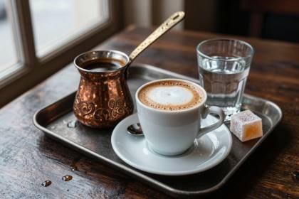 Kaffee mit Kupferkanne