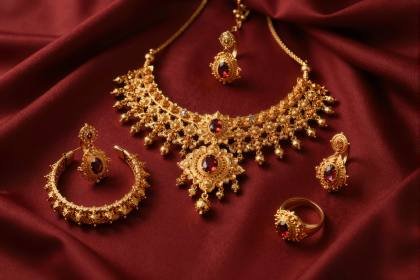 Brautgold-Set auf roter Seide