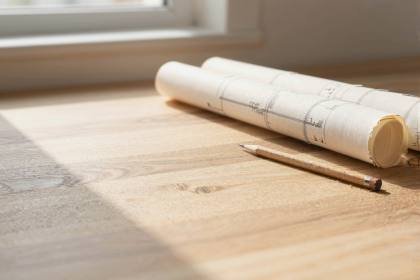 Gerollte Baupläne mit Bleistift