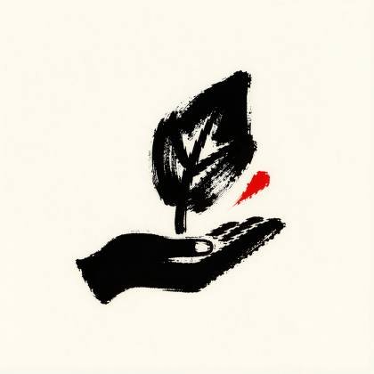 Hand mit Blatt (Tuschepinsel)