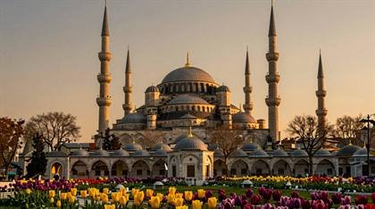 Blaue Moschee mit Tulpenbeet