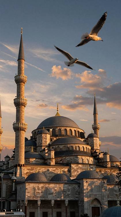 Moschee mit Möwen im Abendlicht