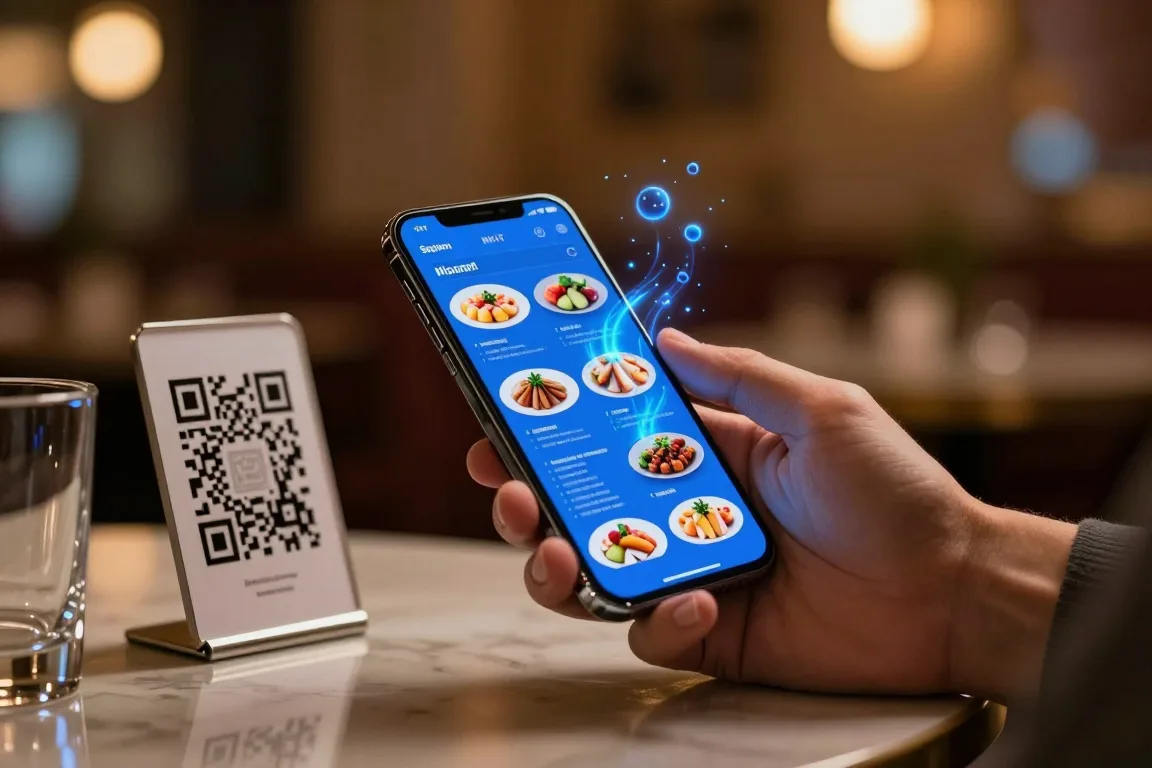 Gast scannt QR-Code der digitalen Speisekarte am Tisch