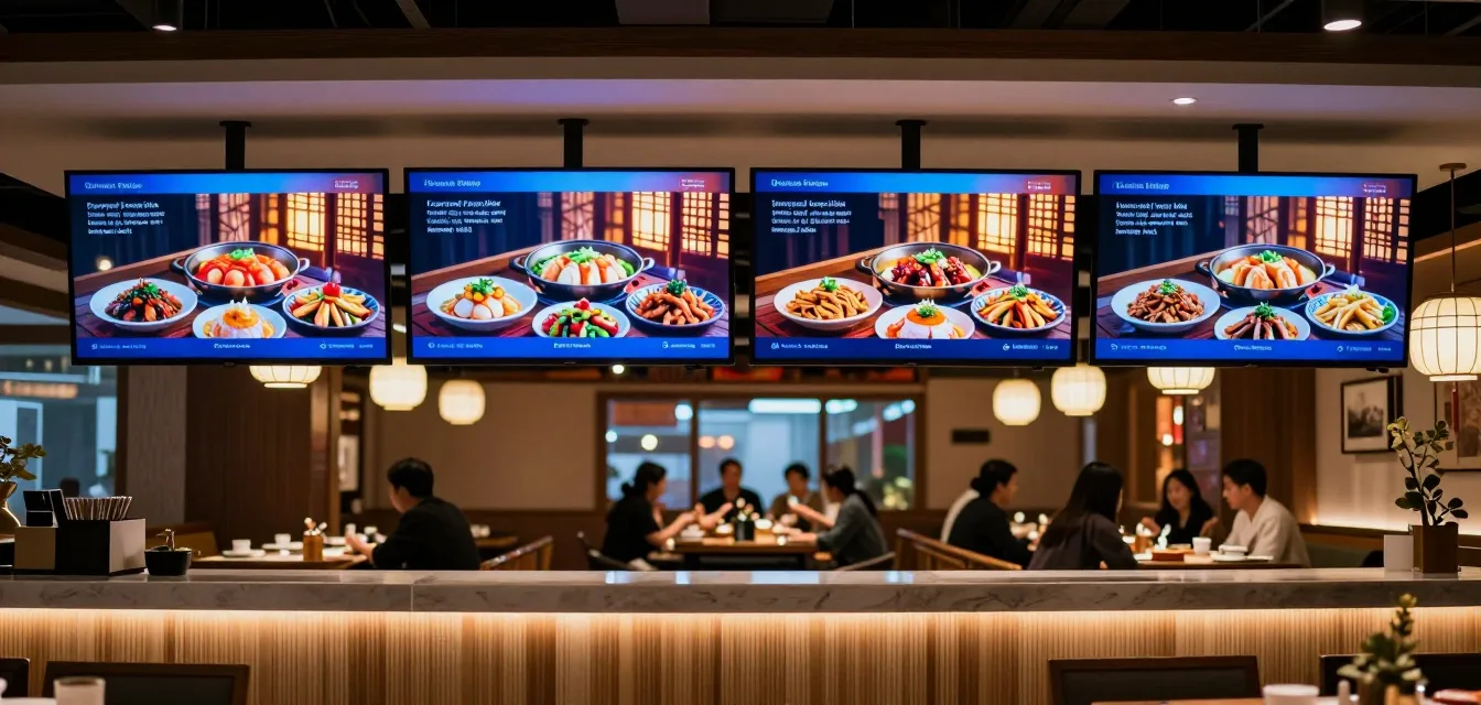 Vier TV-Menütafeln nebeneinander über der Theke eines Restaurants